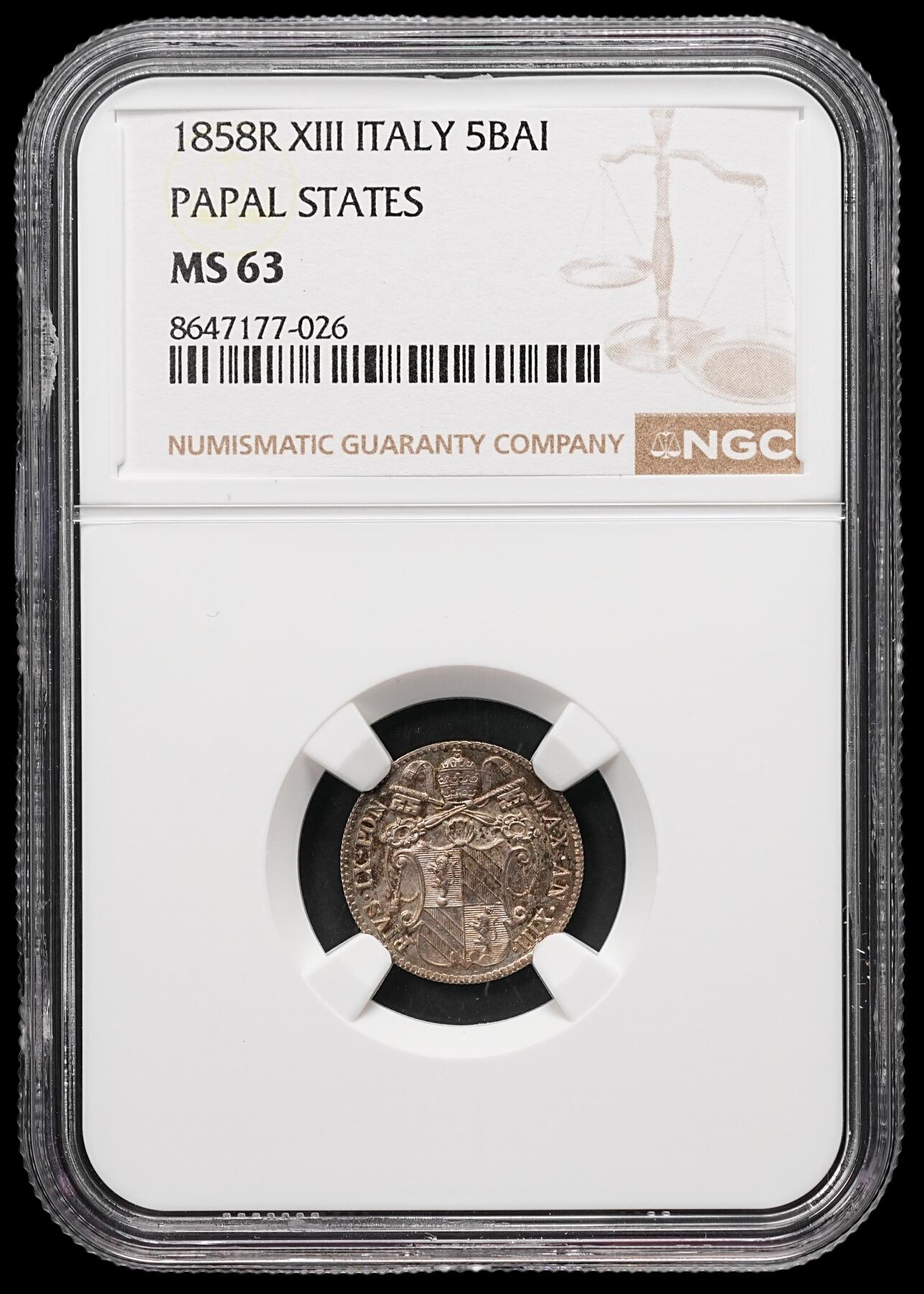 修遠堂世界钱币第112期 NGC MS63  1858年教皇国 5 Baiocco 银币