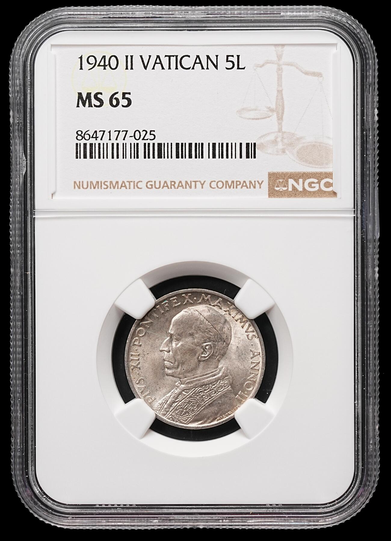 修遠堂世界钱币第112期 NGC MS65 1940年梵蒂冈5里拉银币