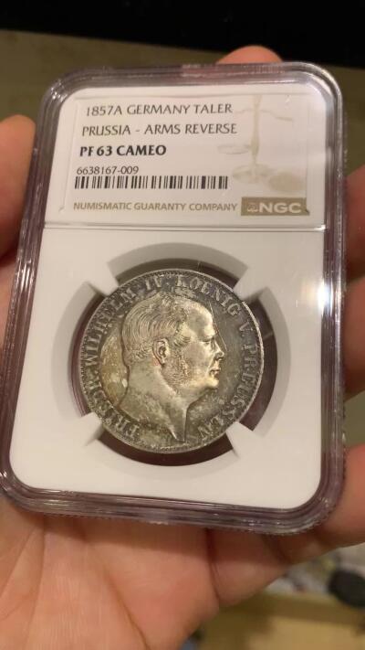 《竞宝斋》第481场 周日，周一 2场连拍 （全场包邮）20级店铺 欢迎送拍 唯一亚军分 NGC PF63CAMEO 德国1857A普鲁士威廉四世-洋葱头1泰勒离冠鹰银币 更高分仅1枚