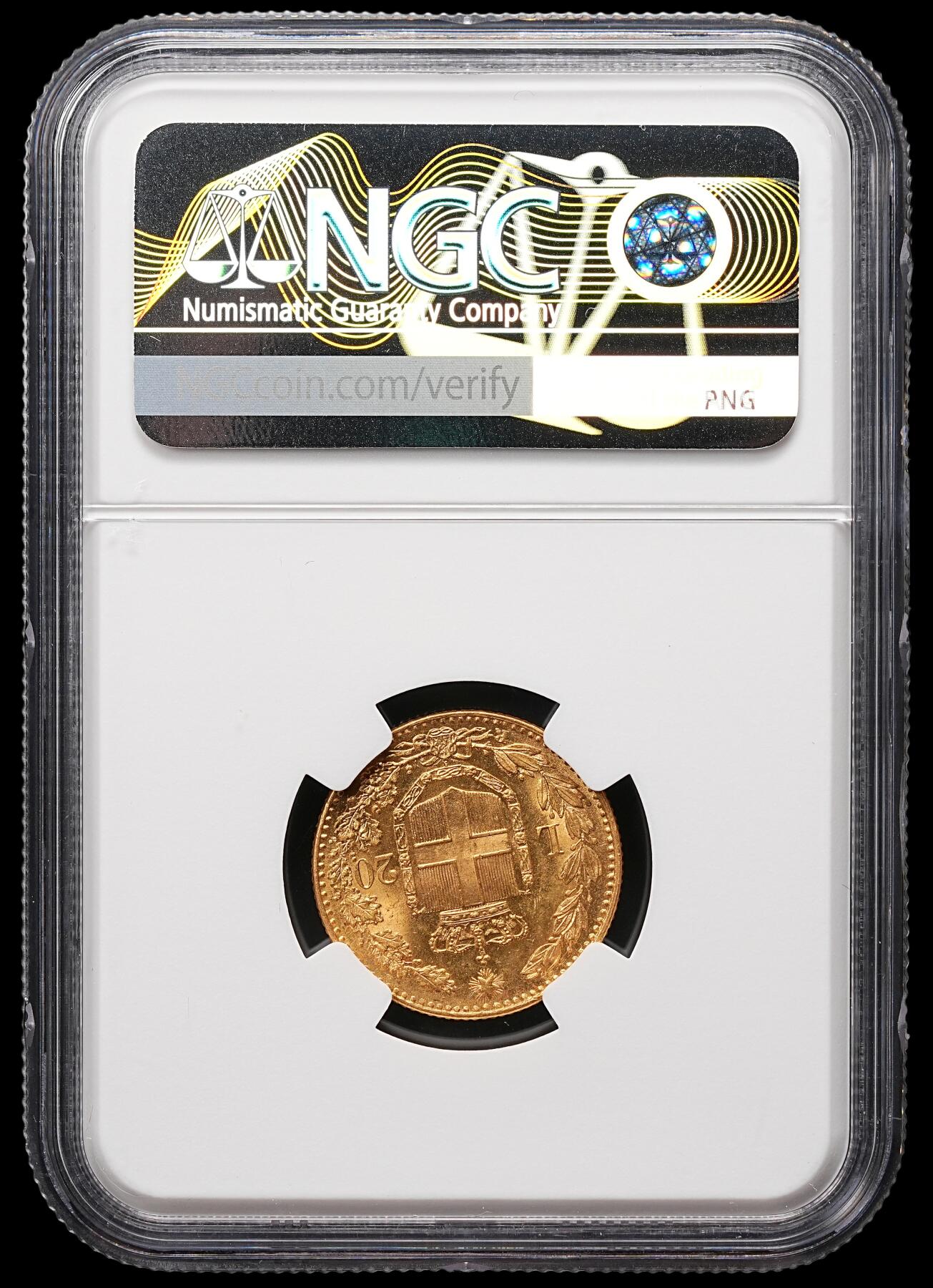 修遠堂世界钱币第112期 NGC MS63 1882年意大利20里拉金币，6.45g，含金90%