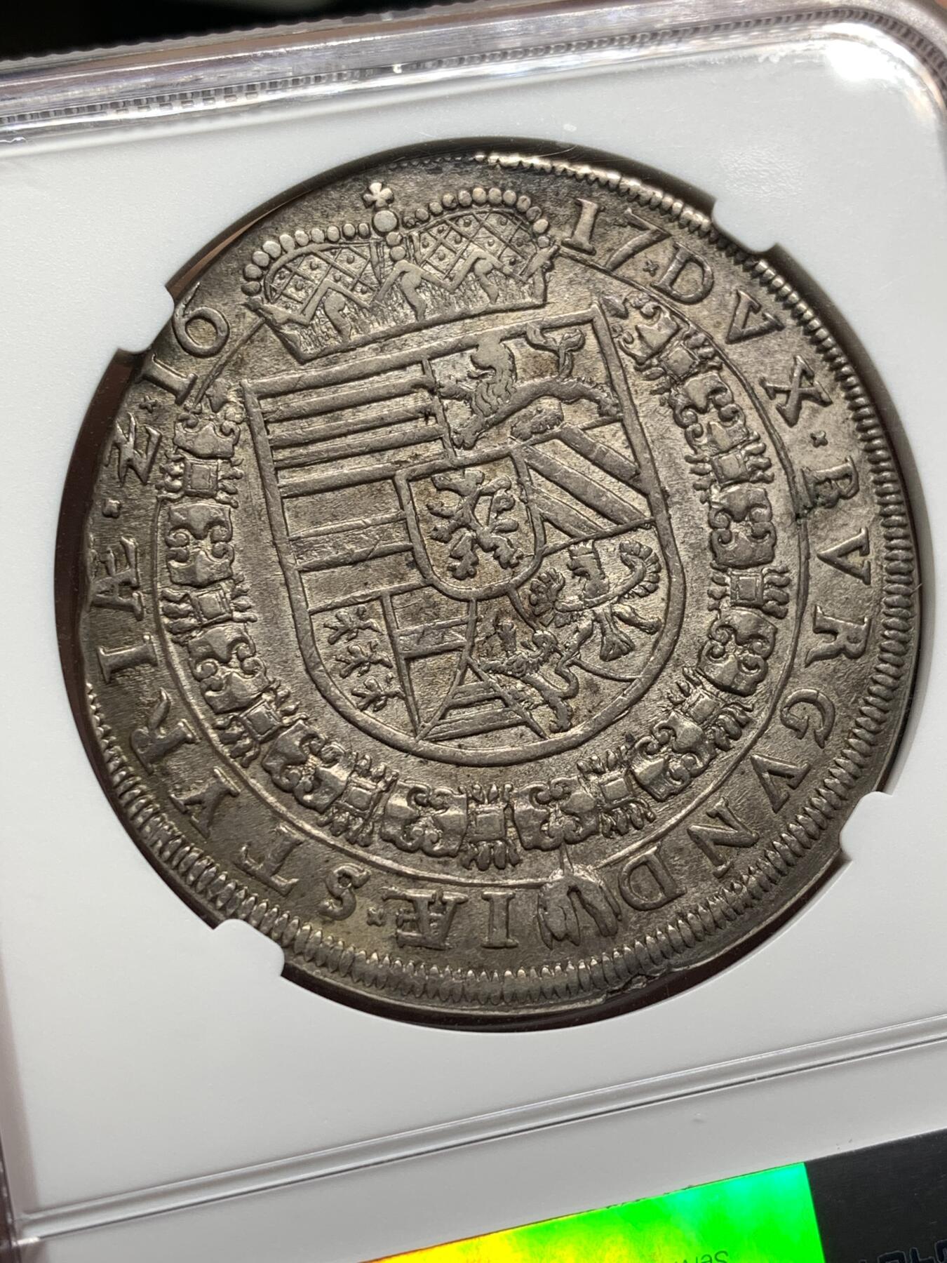 《竞宝斋》第481场 周日，周一 2场连拍 （全场包邮）20级店铺 欢迎送拍 NGC AU58 奥地利帝国 1617年 施蒂利亚公国 费迪南德 泰勒大银币 独年发行 稀少格拉兹厂版本 历经400多年 细节依然传神 去年53分成交价过1W 上月同分1.5w成交