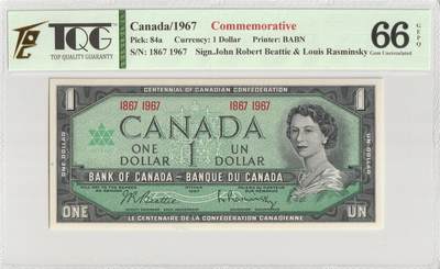 PThappally收藏第57次拍卖，英联邦地区硬币纸币 - 加拿大，1967年，1加元纪念币发行 Pick 84a TQG 66 GEPQ Gem UNC