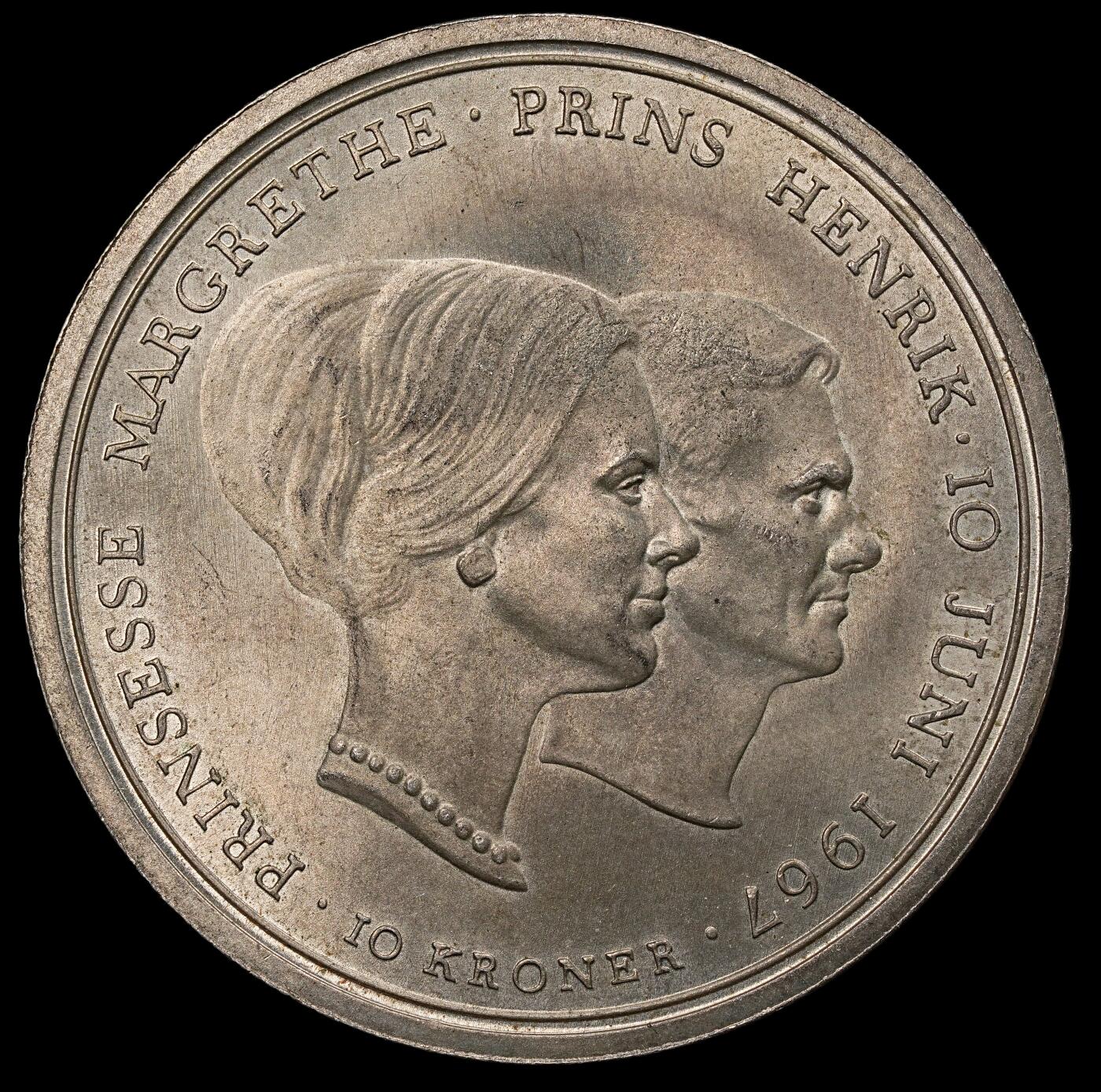 修遠堂世界钱币第112期 1967年丹麦玛格丽特公主结婚纪念10克朗银币 20.40g，含银80%