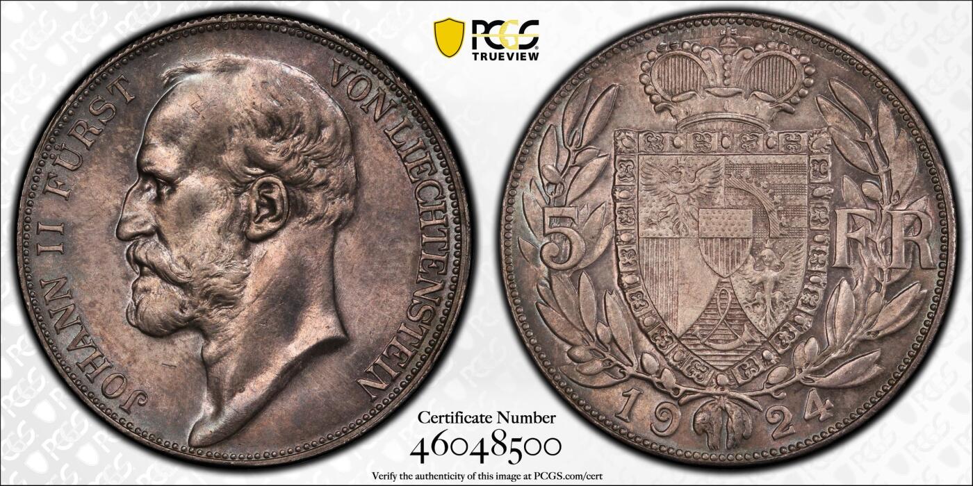 《竞宝斋》第481场 周日，周一 2场连拍 （全场包邮）20级店铺 欢迎送拍 冠军分 PCGS MS65 列支敦士登1924年5法郎 法郎版比克朗版少很多 发行量仅15000枚 存世量稀少 双面深彩包浆 值得入藏