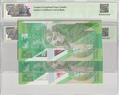 PThappally收藏第57次拍卖，英联邦地区硬币纸币 东加勒比国家，2021年，5美元 2张5连号 序列号 92-93 TQG 66 GEPQ Gem UNC