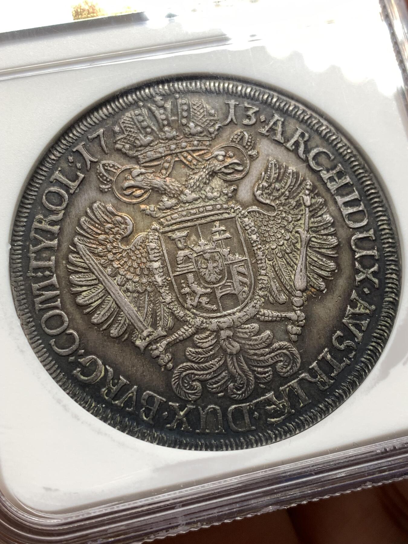 《竞宝斋》第481场 周日，周一 2场连拍 （全场包邮）20级店铺 欢迎送拍 NGC MS61 神圣罗马帝国1713年卡尔六世双头鹰大泰勒 超绝大波浪 原味深五彩包浆 疑似低评