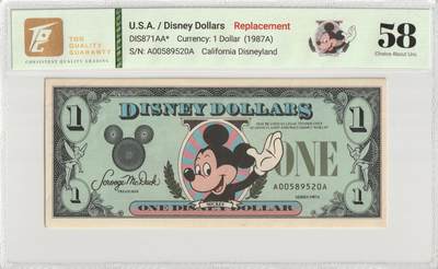 PThappally收藏第57次拍卖，英联邦地区硬币纸币 美国，1987 年迪士尼 1 美元 1987A 系列替换版 TQG 58 aUNC
