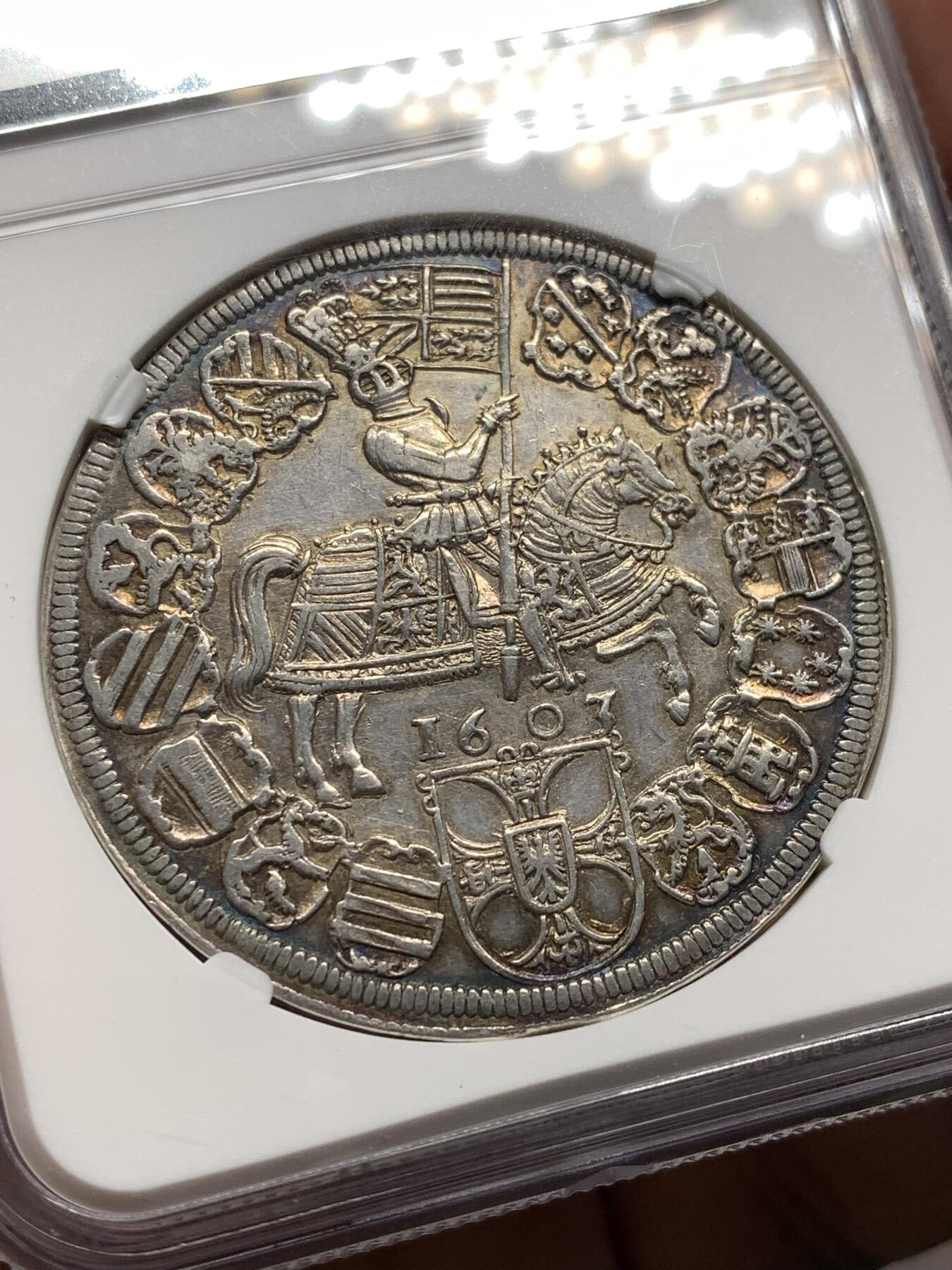 《竞宝斋》第481场 周日，周一 2场连拍 （全场包邮）20级店铺 欢迎送拍 NGC AU58 德国1603年条顿骑士泰勒大银币 双面五彩包浆 400多年的历史沉淀 充满惊喜的感官享受