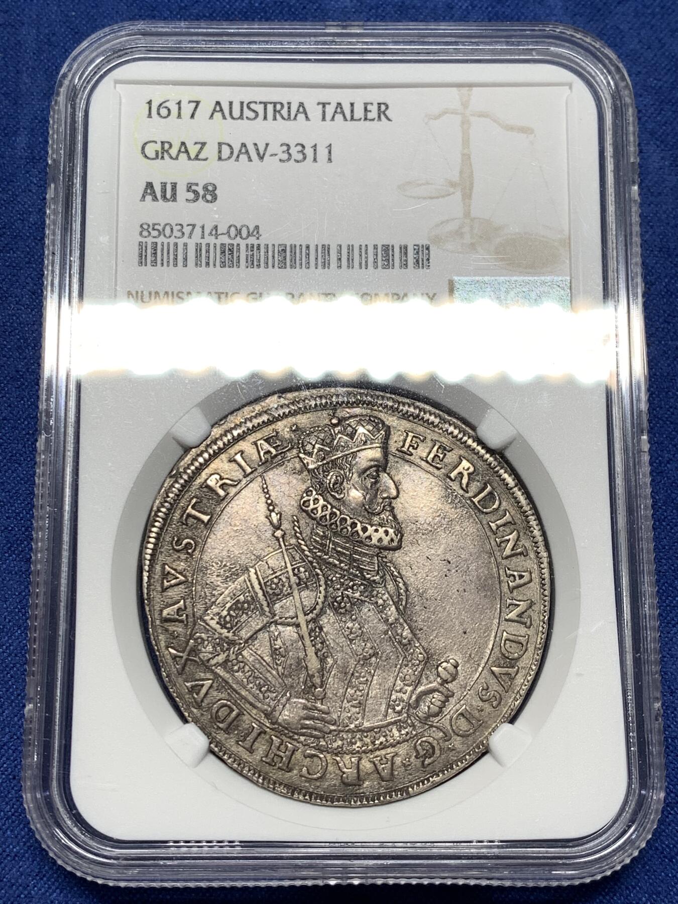 《竞宝斋》第481场 周日，周一 2场连拍 （全场包邮）20级店铺 欢迎送拍 NGC AU58 奥地利帝国 1617年 施蒂利亚公国 费迪南德 泰勒大银币 独年发行 稀少格拉兹厂版本 历经400多年 细节依然传神 去年53分成交价过1W 上月同分1.5w成交