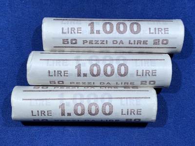 《竞宝斋》第481场 周日，周一 2场连拍 （全场包邮）20级店铺 欢迎送拍 - 三卷一组 意大利1989年20里拉硬币，每卷50枚（面值1000里拉），共150枚（3000里拉）。