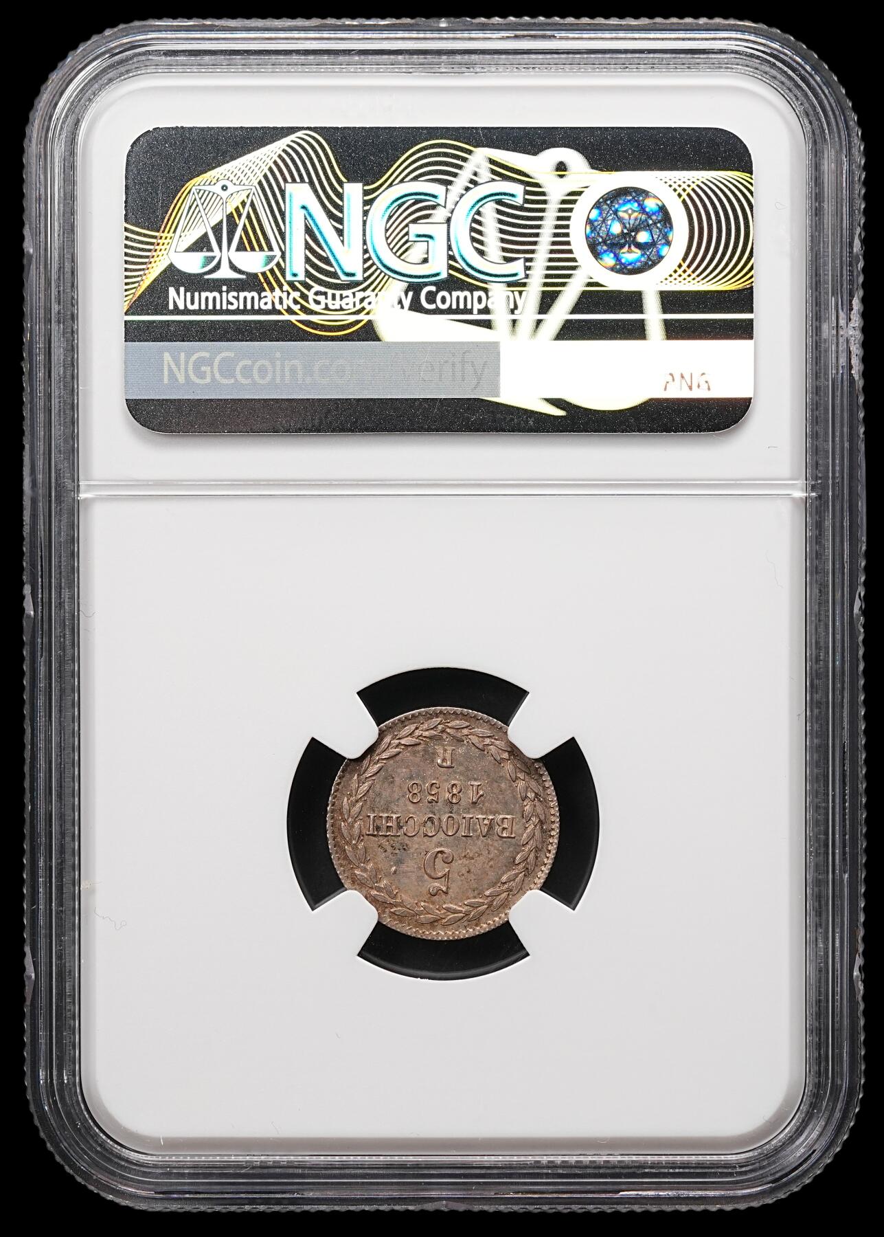 修遠堂世界钱币第112期 NGC MS63  1858年教皇国 5 Baiocco 银币