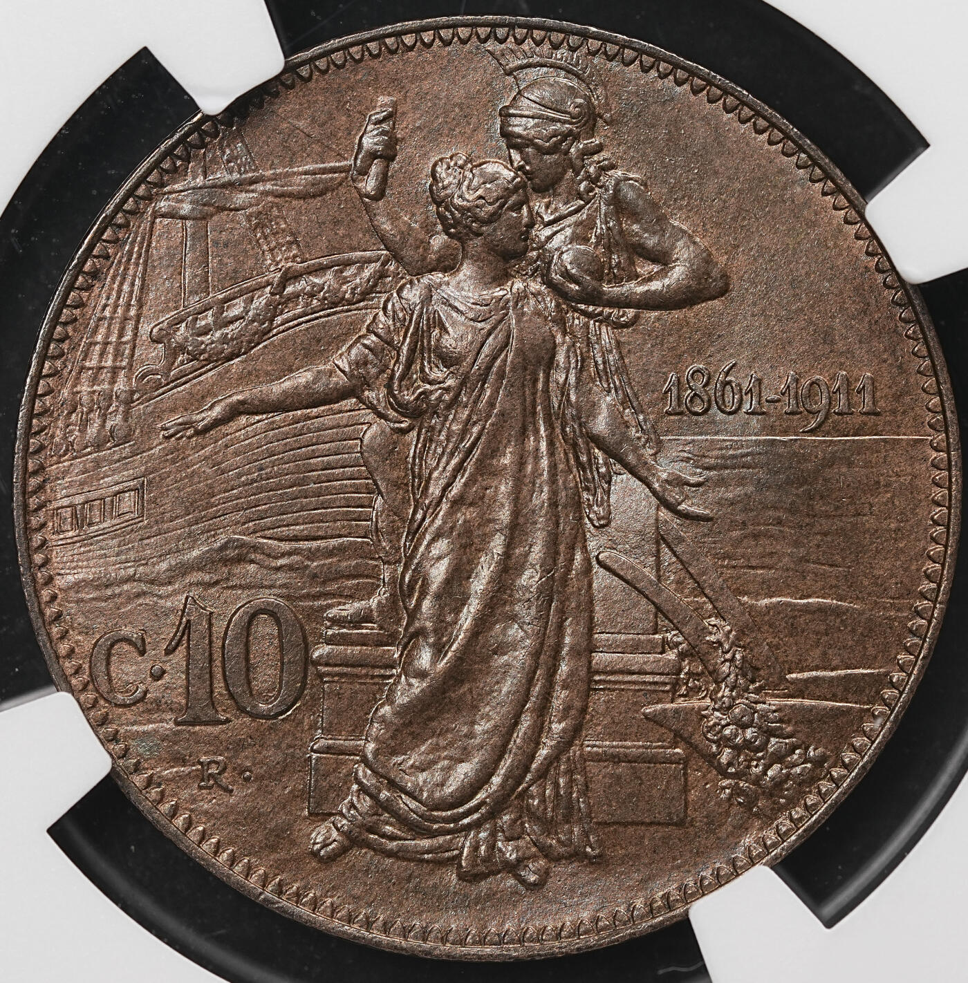 修遠堂世界钱币第112期 NGC MS65RB 1911年意大利王国建国50周年托奶10分铜币