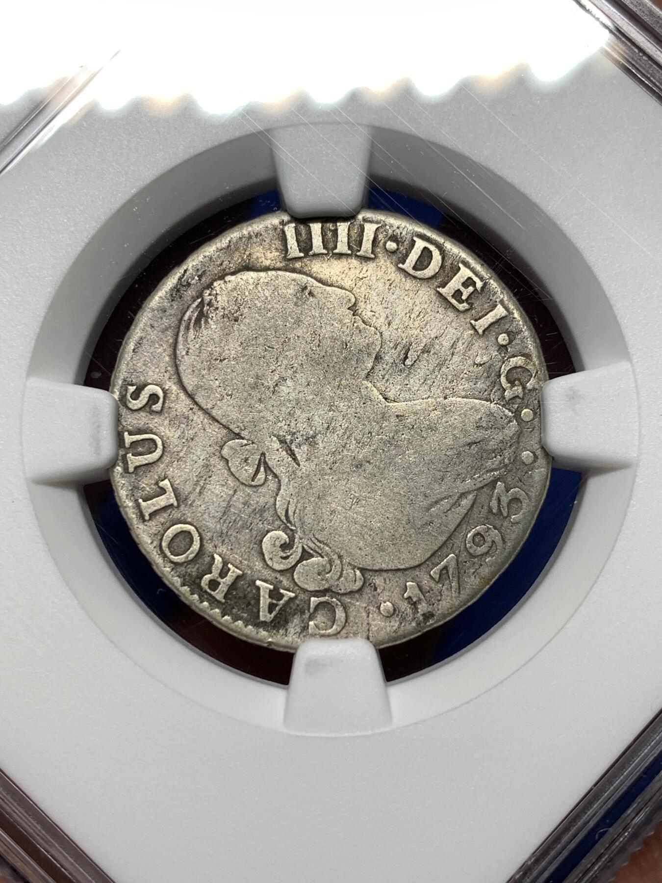 《竞宝斋》第481场 周日，周一 2场连拍 （全场包邮）20级店铺 欢迎送拍 NGC VGD 1793年西班牙本土2里亚尔银币 卡洛斯四世时期，塞维利亚厂打制/S.验金师CN，少见品种。