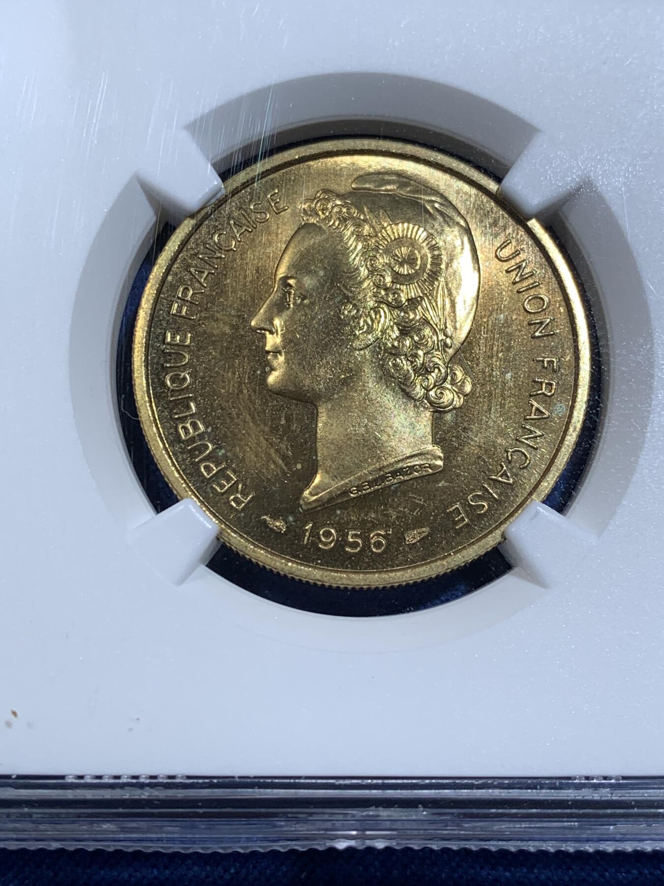 《竞宝斋》第481场 周日，周一 2场连拍 （全场包邮）20级店铺 欢迎送拍 三枚一组 NGC MS64-65 法属多哥 1956年 5/10/25法郎 ESSAI样币 统一高分状态