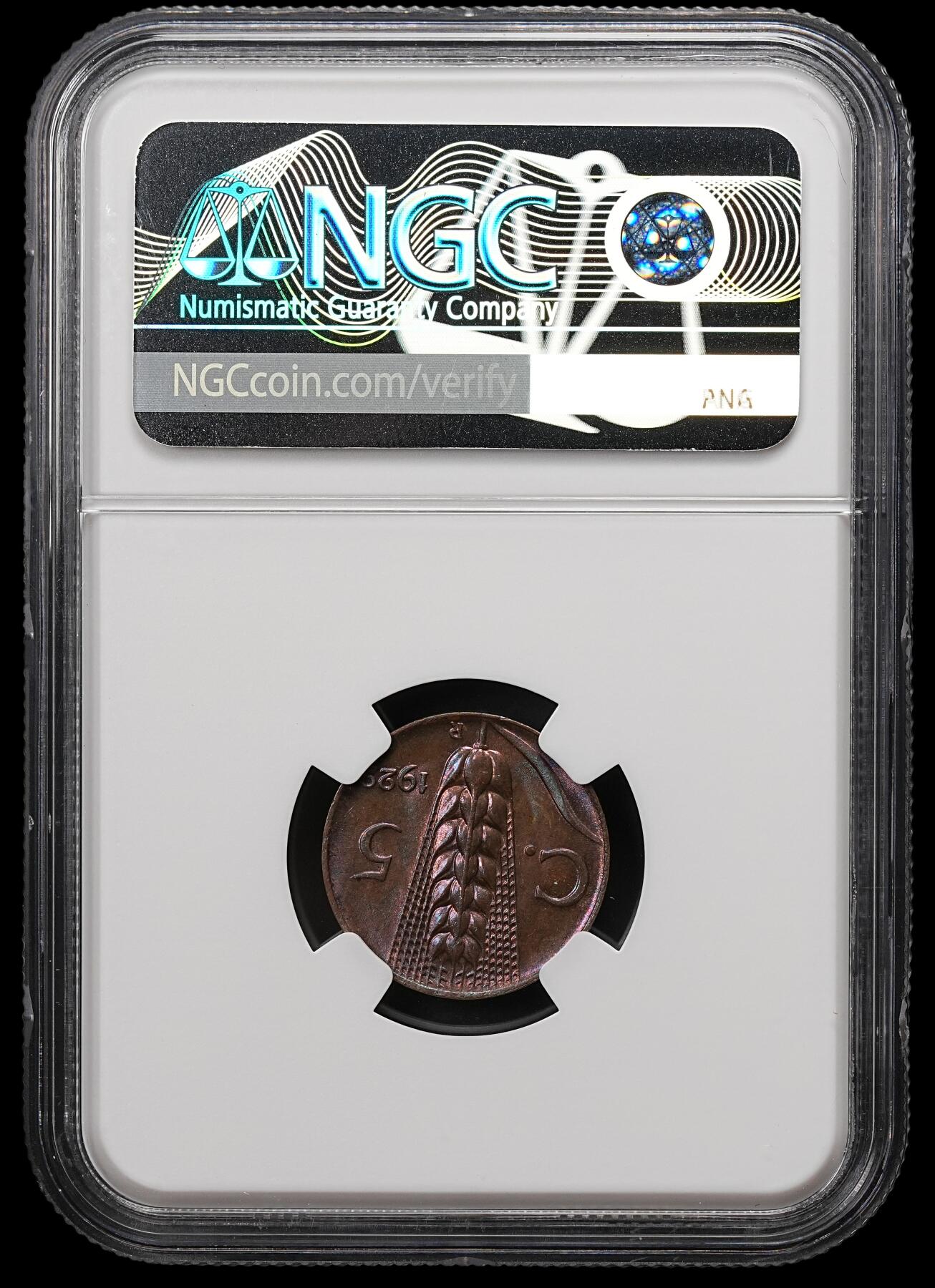 修遠堂世界钱币第112期 NGC MS65BN 1922年意大利5分铜币，上期拍品，被鸽重拍