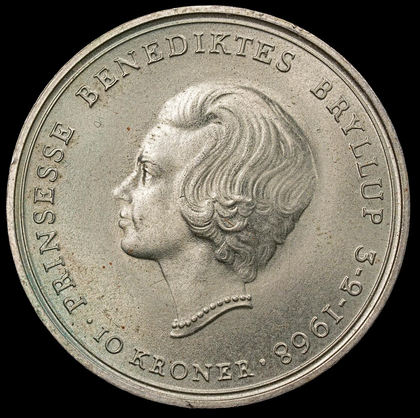 修遠堂世界钱币第112期 1968年丹麦公主本尼迪克特结婚纪念10克朗银币 20.40g，含银80%