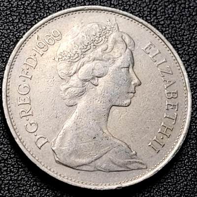 泉币菌-第229场-拍品多 请提前出价 英国大镍币 英国1969年 10便士铜镍币 28.5mm 伊丽莎白二世女王 皇冠狮子