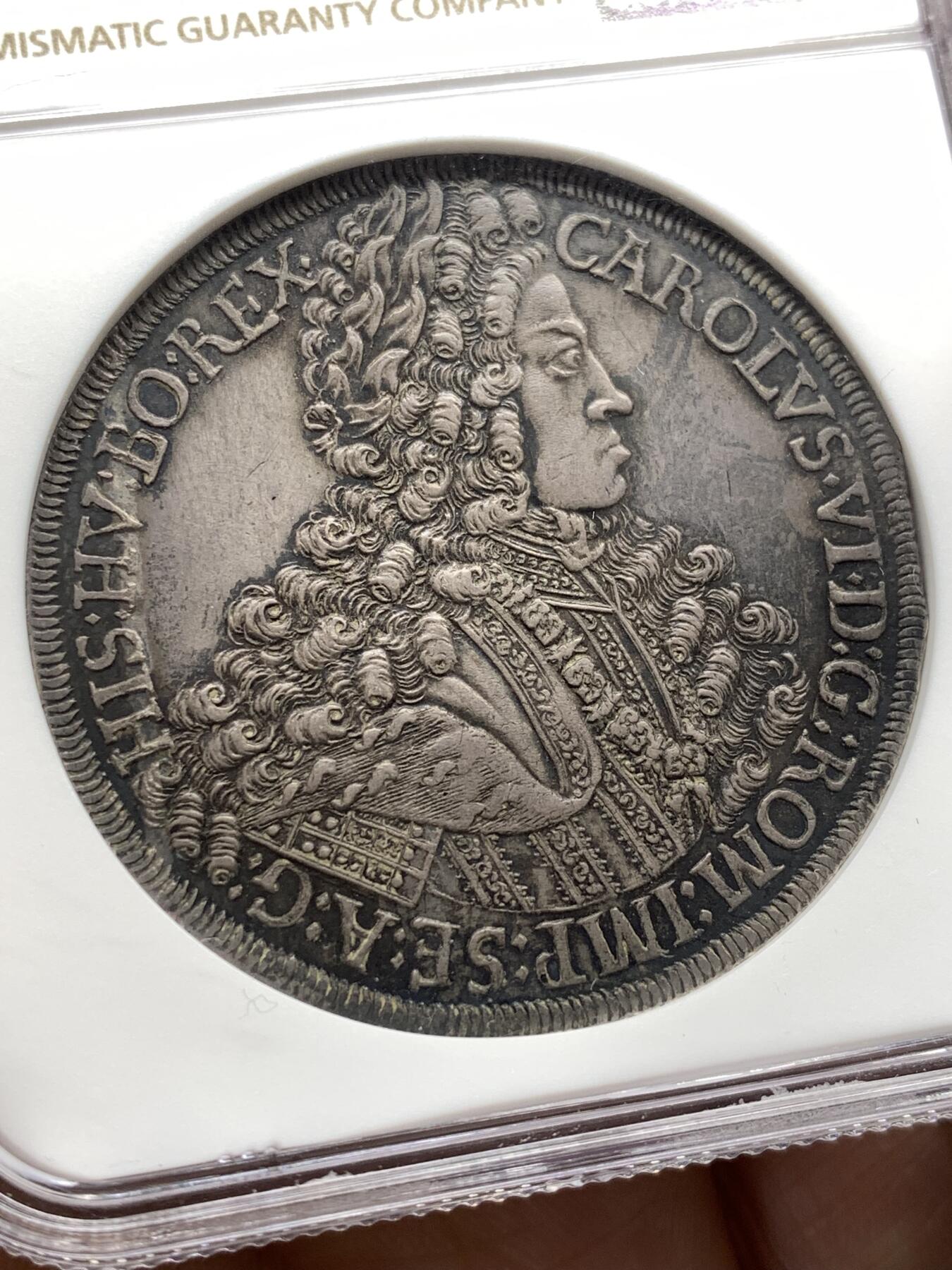 《竞宝斋》第481场 周日，周一 2场连拍 （全场包邮）20级店铺 欢迎送拍 NGC MS61 神圣罗马帝国1713年卡尔六世双头鹰大泰勒 超绝大波浪 原味深五彩包浆 疑似低评