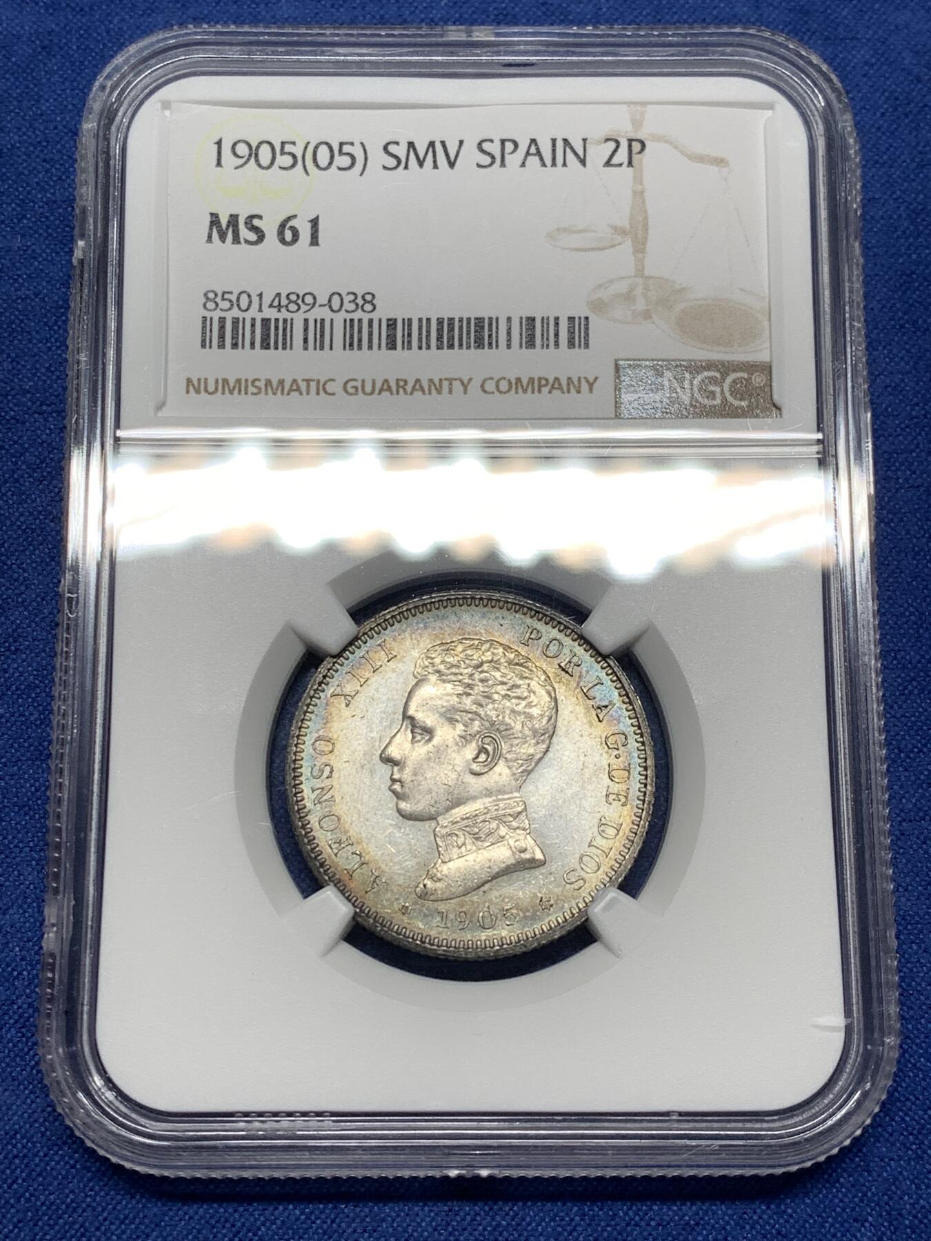 《竞宝斋》第481场 周日，周一 2场连拍 （全场包邮）20级店铺 欢迎送拍 NGC MS61 西班牙1905年阿方索十三世军装2比塞塔银币