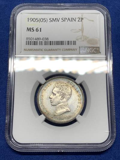 《竞宝斋》第481场 周日，周一 2场连拍 （全场包邮）20级店铺 欢迎送拍 - NGC MS61 西班牙1905年阿方索十三世军装2比塞塔银币