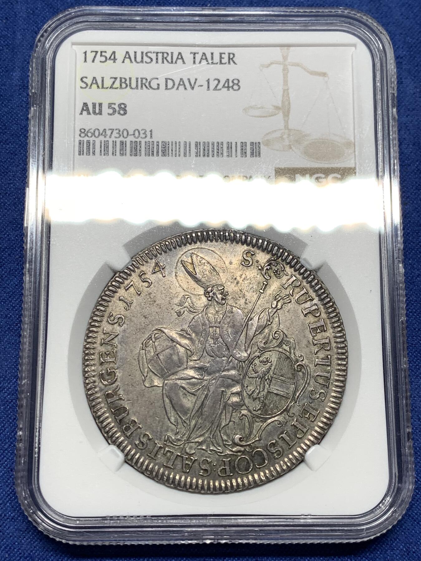 《竞宝斋》第481场 周日，周一 2场连拍 （全场包邮）20级店铺 欢迎送拍 NGC AU58 神圣罗马帝国 萨尔茨堡大主教区 1754年 圣母抱婴泰勒大银币 稀见品种 独年发行 更高分仅3枚