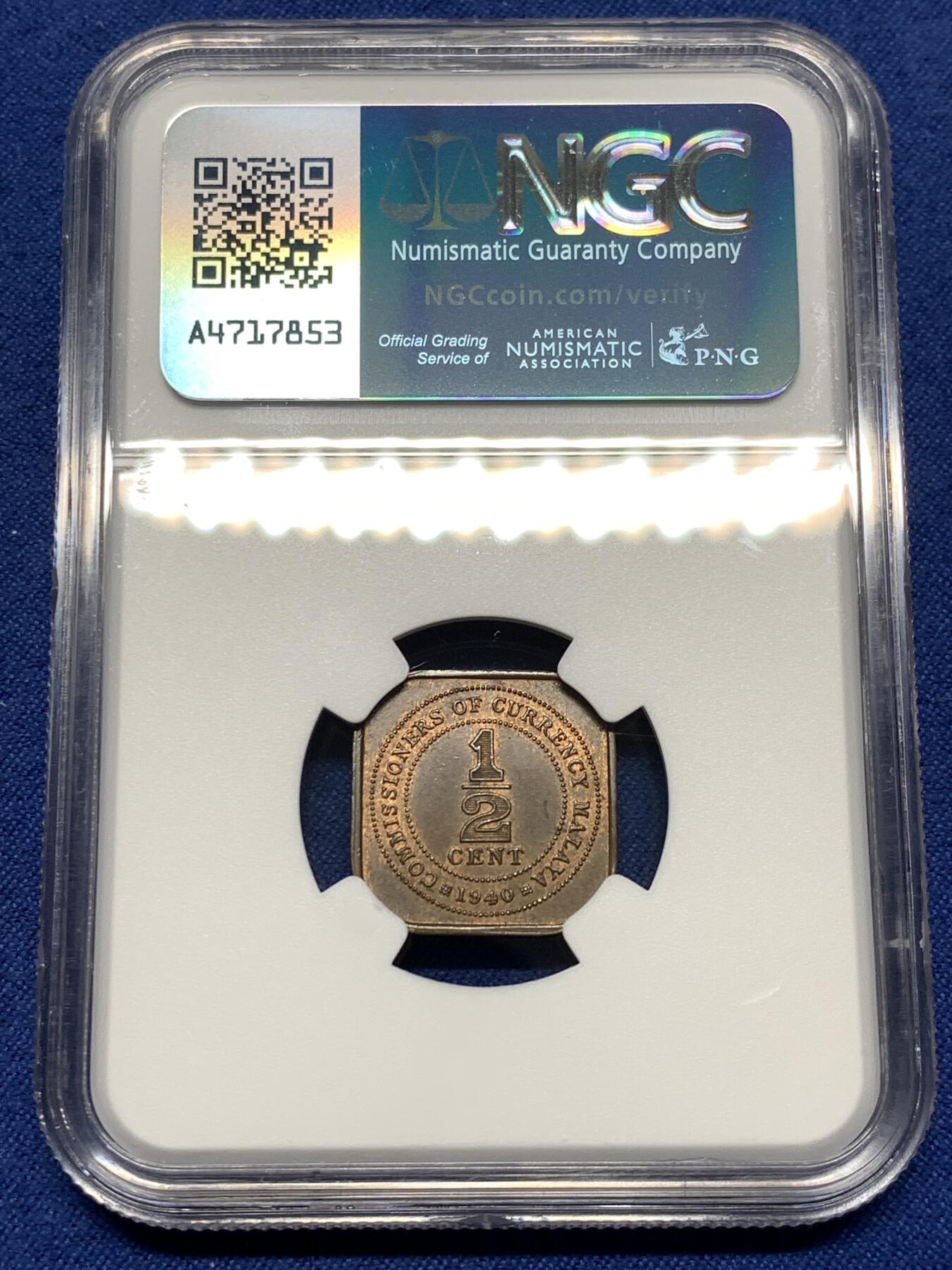 《竞宝斋》第481场 周日，周一 2场连拍 （全场包邮）20级店铺 欢迎送拍 NGC MS62BN 马来亚1940年1/2分铜币 极少见的面值 国内外都很受欢迎 62分高性价比