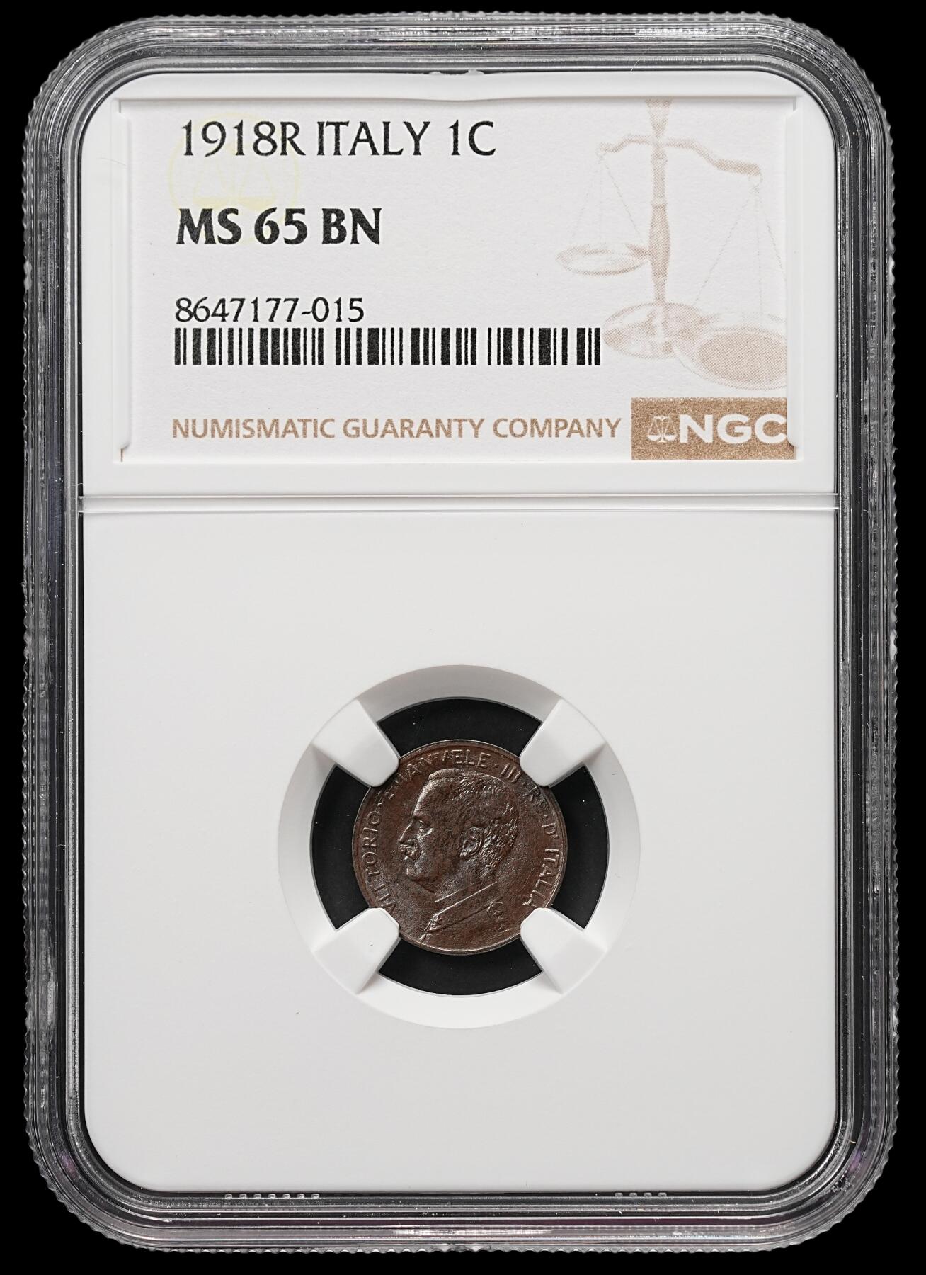 修遠堂世界钱币第112期 NGC MS65BN 1918年意大利1分铜币，稀少的年份，特年，唯一冠军分