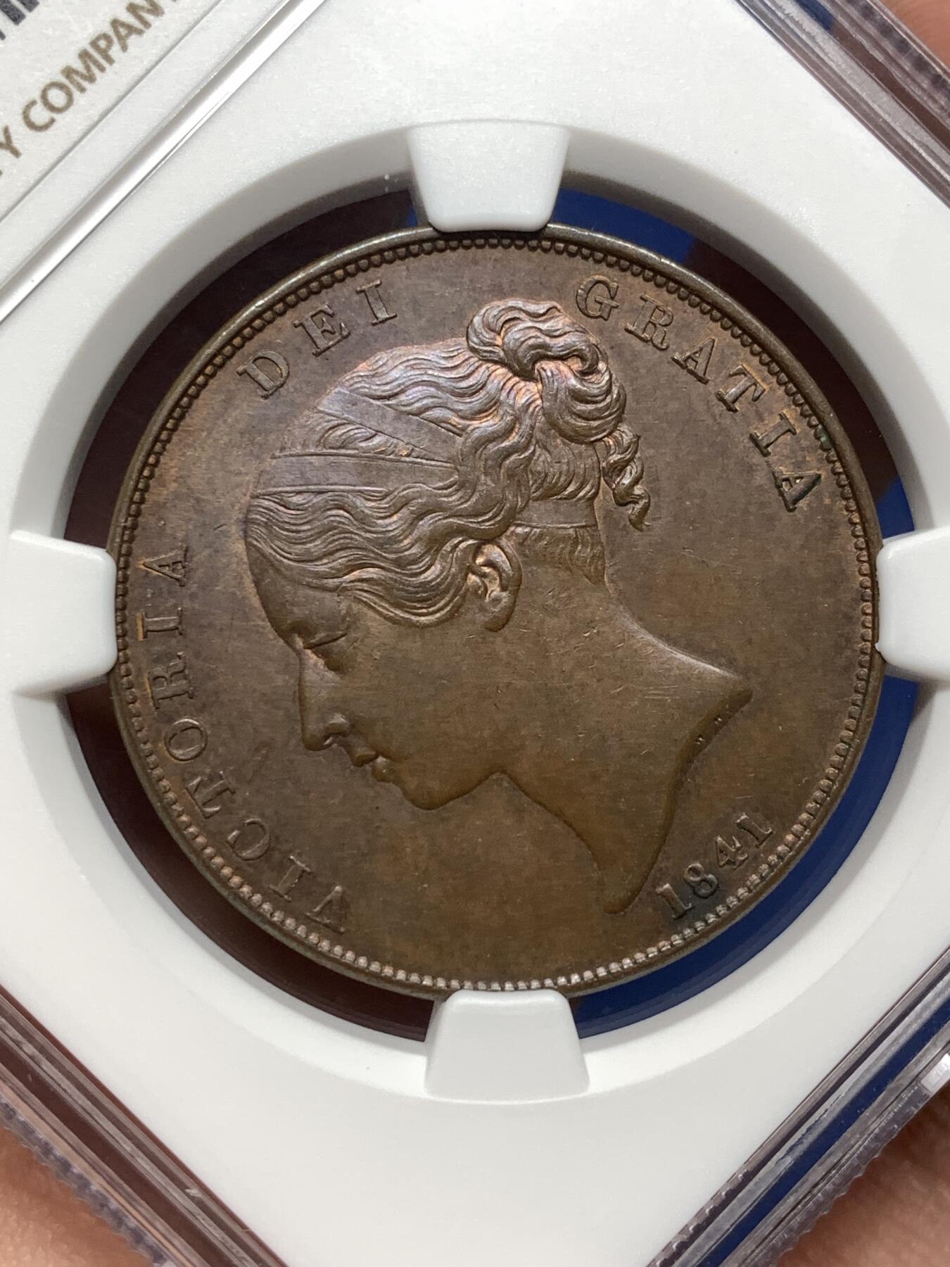 《竞宝斋》第481场 周日，周一 2场连拍 （全场包邮）20级店铺 欢迎送拍 NGC MS63BN 英国1841年小维年轻早期版1便士铜币