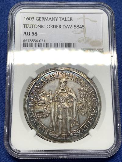 《竞宝斋》第481场 周日，周一 2场连拍 （全场包邮）20级店铺 欢迎送拍 - NGC AU58 德国1603年条顿骑士泰勒大银币 双面五彩包浆 400多年的历史沉淀 充满惊喜的感官享受