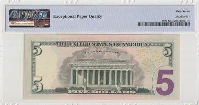 PThappally收藏第57次拍卖，英联邦地区硬币纸币 美国，2013年里士满发行，5美元，FR-1996E PMG 67 EPQ Superb Gem UNC