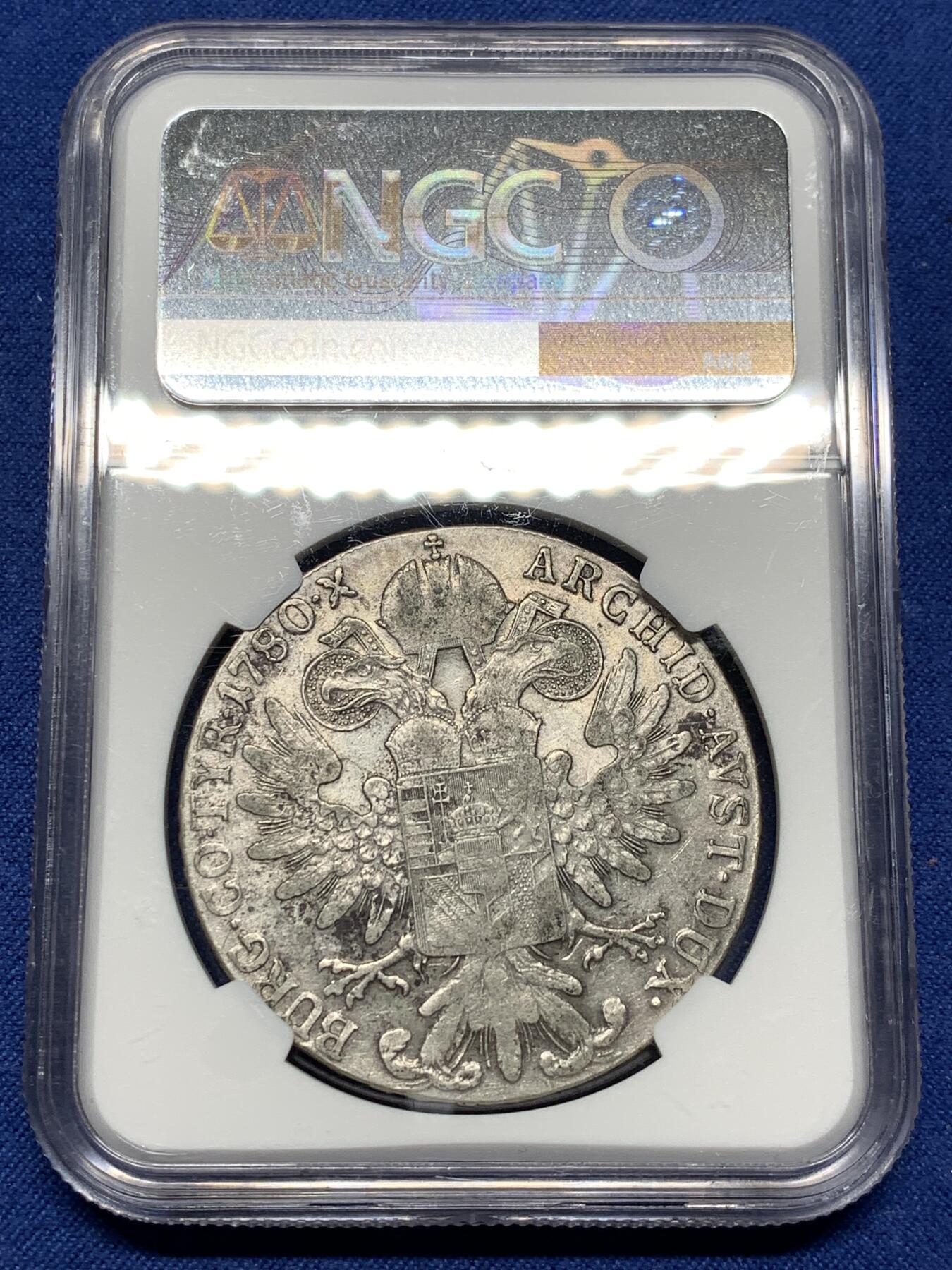 《竞宝斋》第481场 周日，周一 2场连拍 （全场包邮）20级店铺 欢迎送拍 NGC XFD 奥地利1780年特蕾莎大奶妈1泰勒大银币 双须后铸版