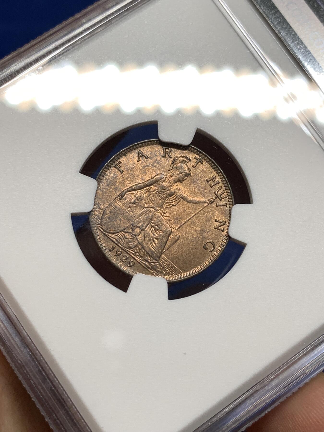 《竞宝斋》第481场 周日，周一 2场连拍 （全场包邮）20级店铺 欢迎送拍 NGC MS63BN 英国1929乔五1/4便士1法新 较为少见的年份，币面观感很好的一枚，近RB状态。亚军分 