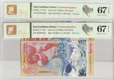 PThappally收藏第57次拍卖，英联邦地区硬币纸币 东加勒比国家，2023年，2x2美元连续序列号30-31，纪念钞票IBNS获奖 TQG 67 GEPQ Superb Gem UNC