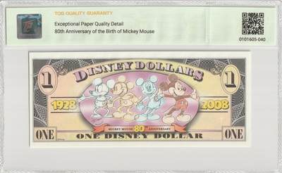 PThappally收藏第57次拍卖，英联邦地区硬币纸币 美国，2008 年迪士尼 1 美元 T 系列，用于迪士尼商店和乐园 TQG 66 EPQD Gem UNC