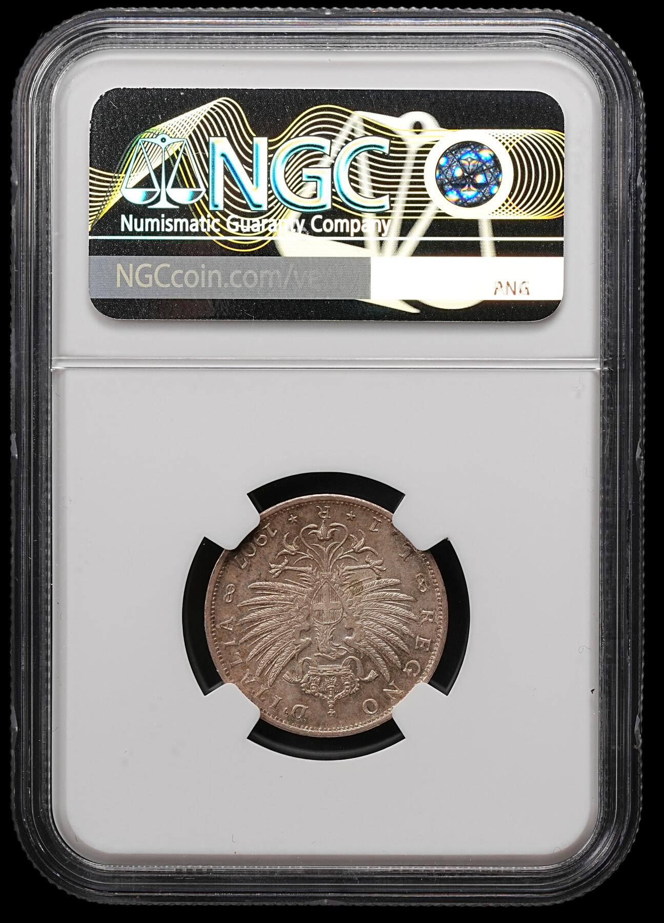 修遠堂世界钱币第112期 NGC MS63 1907年意大利1里拉银币，纸袋包浆，上期拍品，被鸽重拍