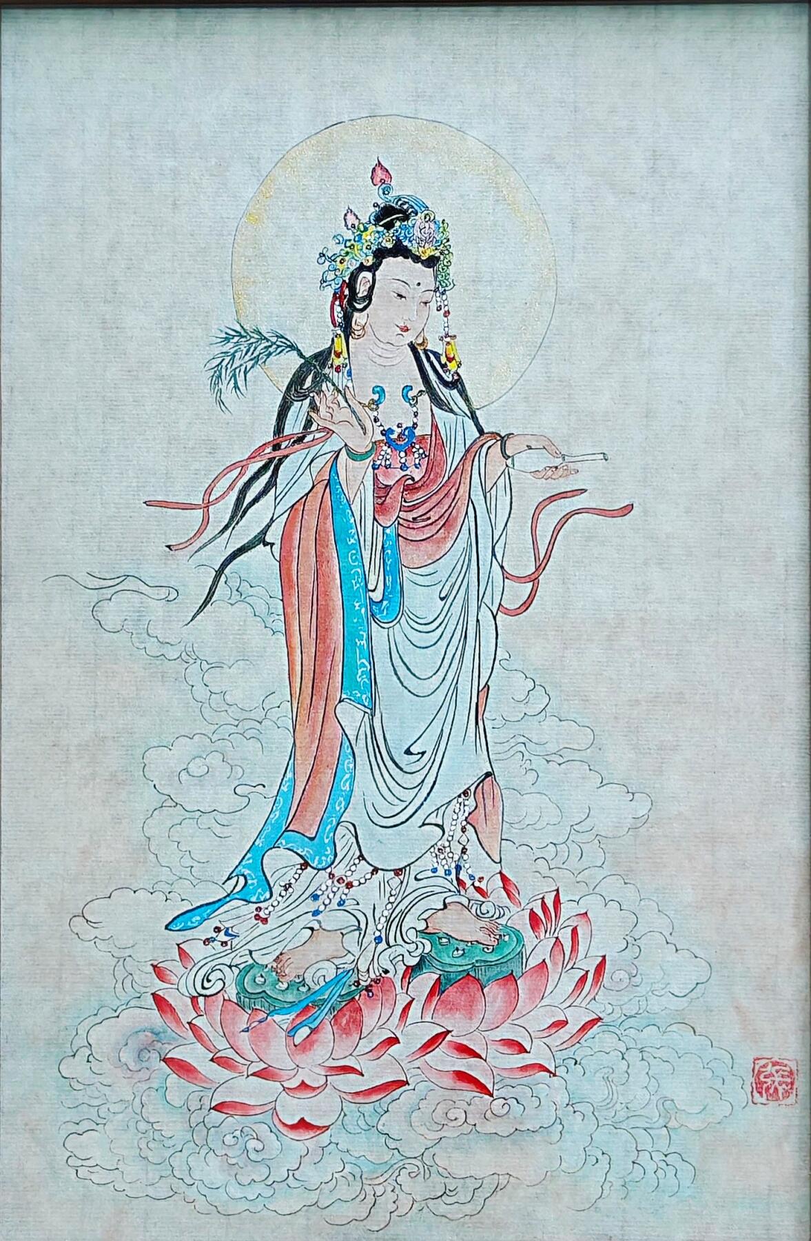 白泽拍卖卡牌手绘专场第35期（问东城春色，正谷雨，牡丹期） 2025 张红手绘画 观世音菩萨 已装裱  张红钤印