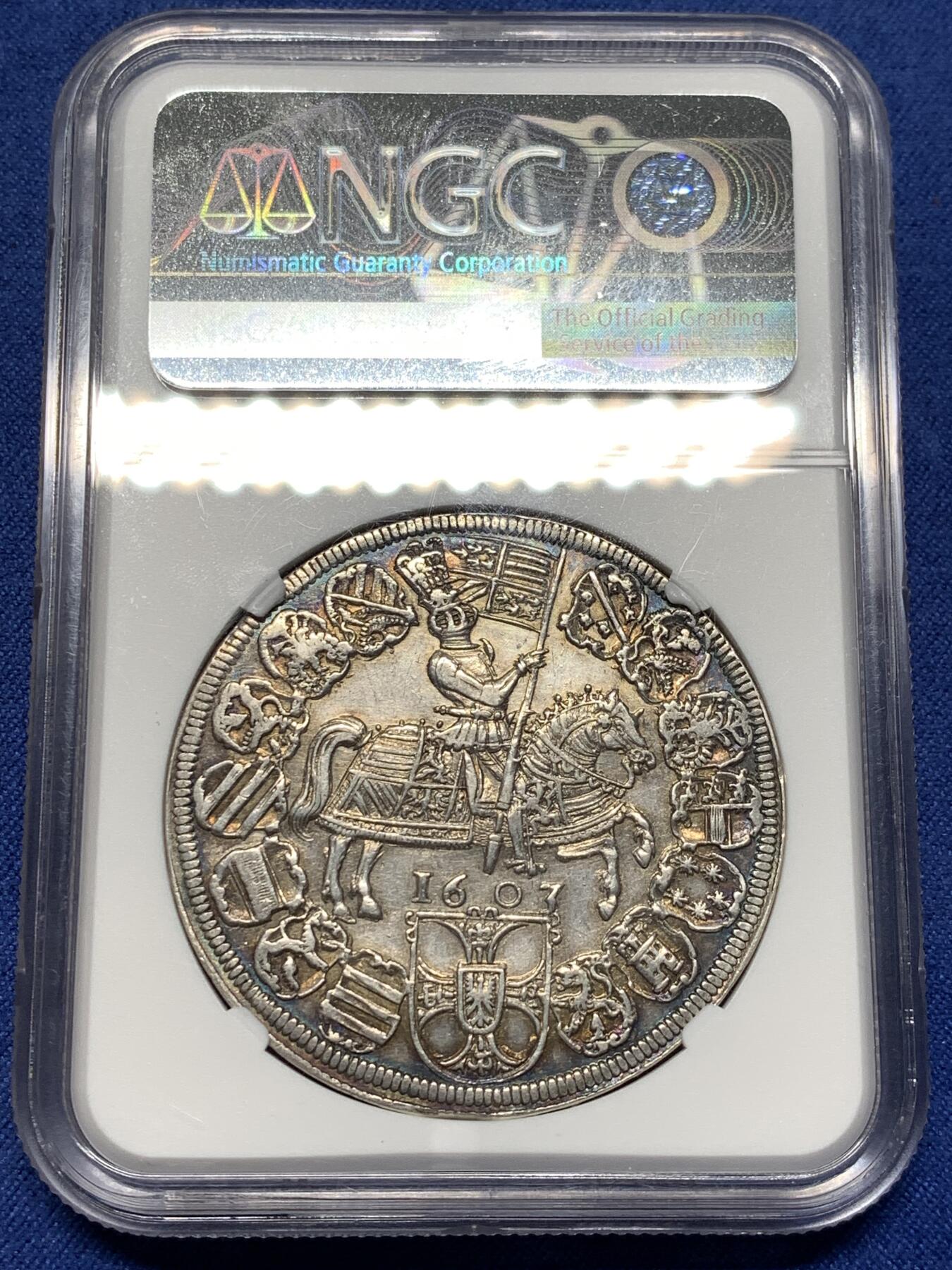 《竞宝斋》第481场 周日，周一 2场连拍 （全场包邮）20级店铺 欢迎送拍 NGC AU58 德国1603年条顿骑士泰勒大银币 双面五彩包浆 400多年的历史沉淀 充满惊喜的感官享受