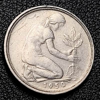 泉币菌-第228场-三月三 上巳节专场 拍品多 请提前出价 联邦德国50芬尼 D版 女人种植橡树 1950年 20mm 