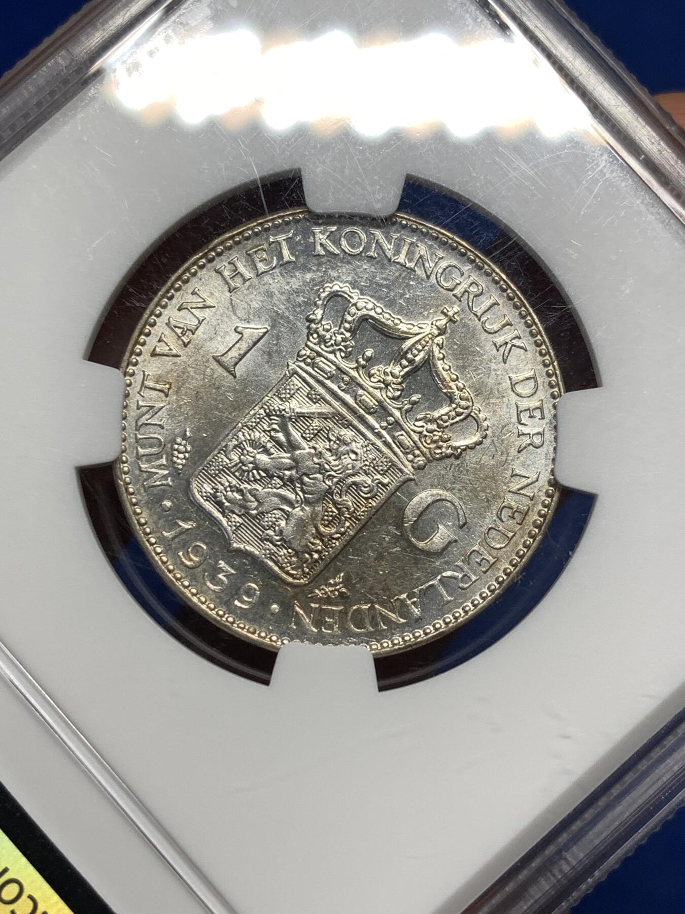 《竞宝斋》第481场 周日，周一 2场连拍 （全场包邮）20级店铺 欢迎送拍 NGC MS60 荷兰1939年1盾银币 好品稀少