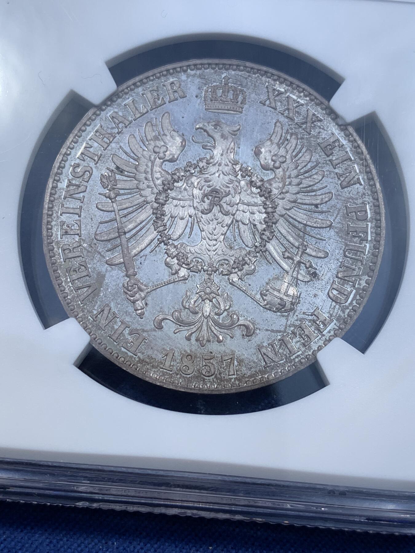 《竞宝斋》第481场 周日，周一 2场连拍 （全场包邮）20级店铺 欢迎送拍 唯一亚军分 NGC PF63CAMEO 德国1857A普鲁士威廉四世-洋葱头1泰勒离冠鹰银币 更高分仅1枚