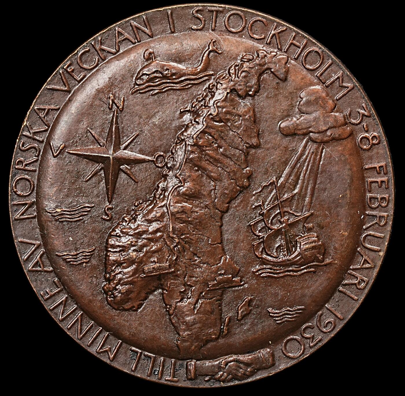 修遠堂世界钱币第112期 1930年斯德哥尔摩 “挪威周” 纪念铜章（奥拉夫王储与玛莎公主头像），45.00mm，44.30g