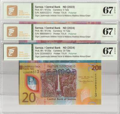 PThappally收藏第57次拍卖，英联邦地区硬币纸币 萨摩亚，2023-24，5、10 和 20 塔拉，2 位数字匹配序列号 13，选 123a、124a 和 125a TQG 67 GEPQ Superb Gem UNC