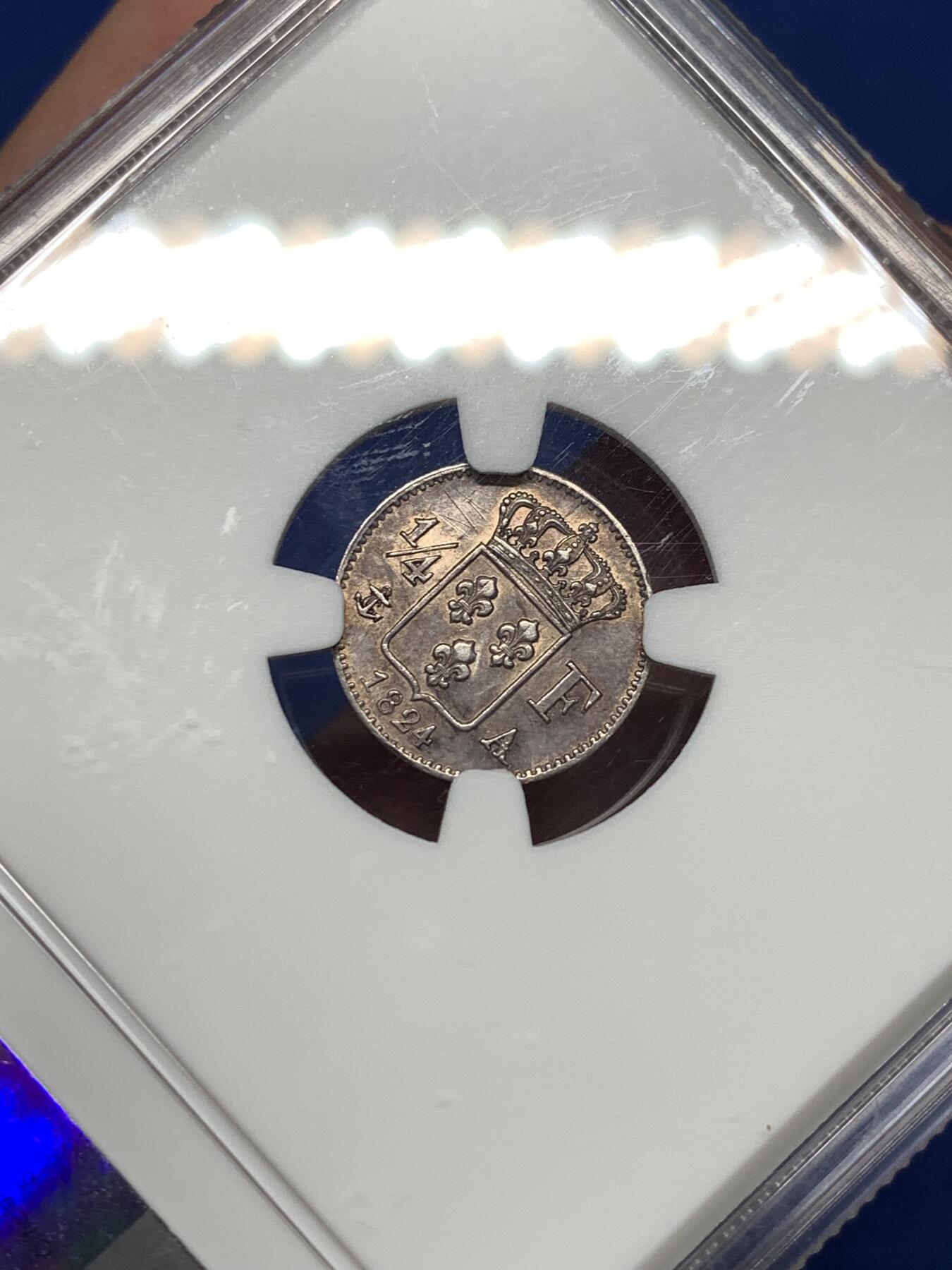 《竞宝斋》第481场 周日，周一 2场连拍 （全场包邮）20级店铺 欢迎送拍 NGC AUD 法国1824年路易十八1/4法郎银币，法郎辅币稀少。