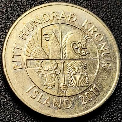 泉币菌-第229场-拍品多 请提前出价 铜光美品 圆鳍鱼 冰岛100克朗镍黄铜币  25.5毫米8.5克 巨人牛龙