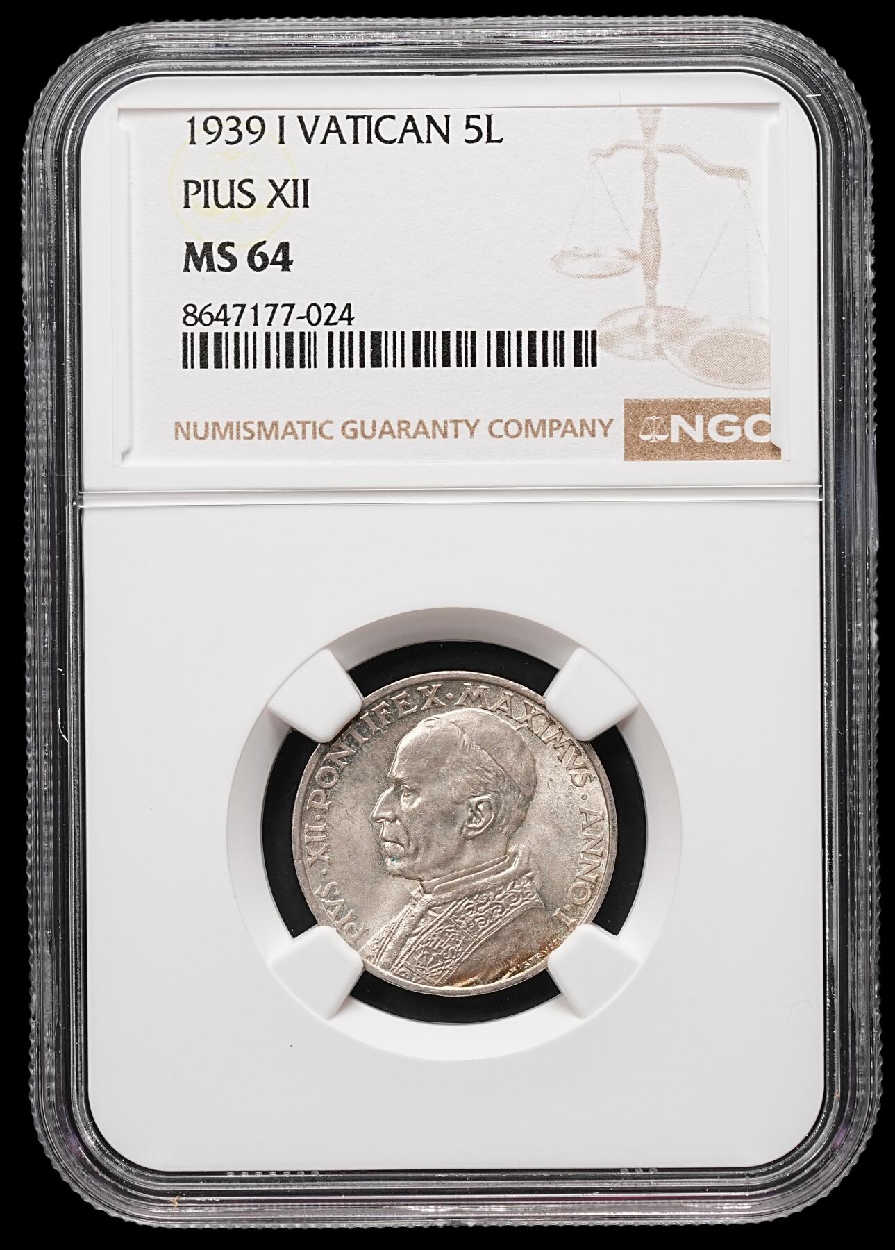 修遠堂世界钱币第112期 NGC MS64 1939年梵蒂冈5里拉银币