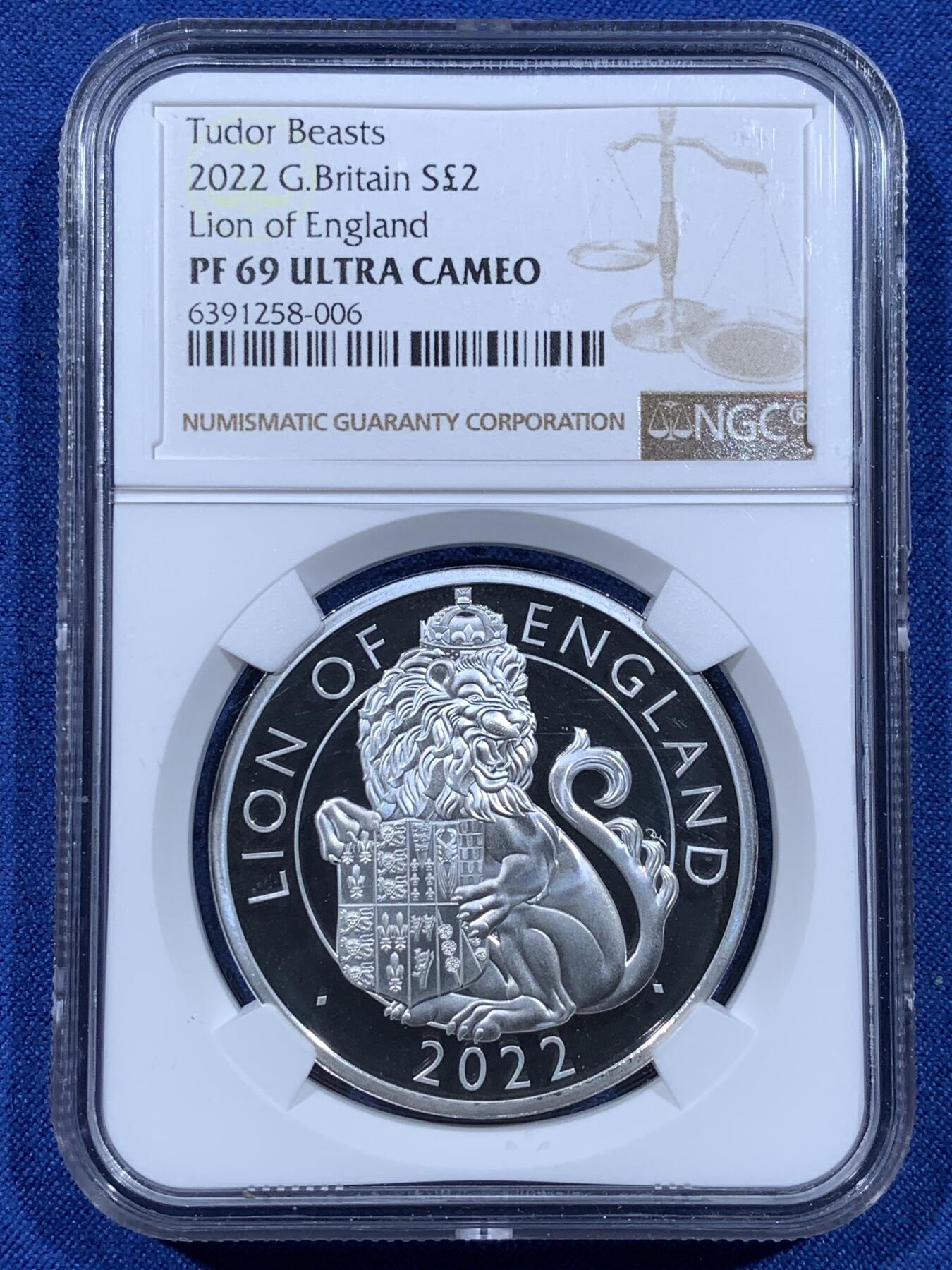 《竞宝斋》第481场 周日，周一 2场连拍 （全场包邮）20级店铺 欢迎送拍 NGC PF69UC 英国 2022年 Tudor Beasts 都铎神兽系列—英格兰狮子一盎司银币（该系列首枚发行的神兽主题）超深浮雕，镜面感极强，盒证齐全。