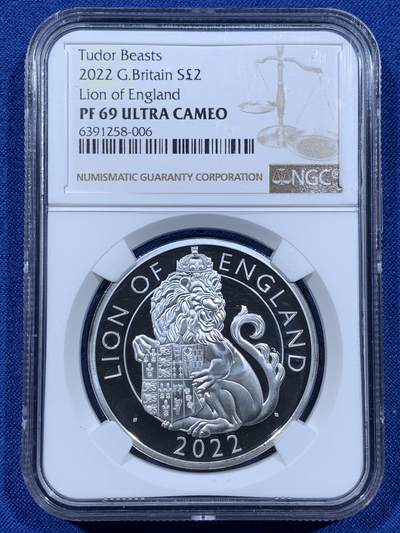 《竞宝斋》第481场 周日，周一 2场连拍 （全场包邮）20级店铺 欢迎送拍 - NGC PF69UC 英国 2022年 Tudor Beasts 都铎神兽系列—英格兰狮子一盎司银币（该系列首枚发行的神兽主题）超深浮雕，镜面感极强，盒证齐全。