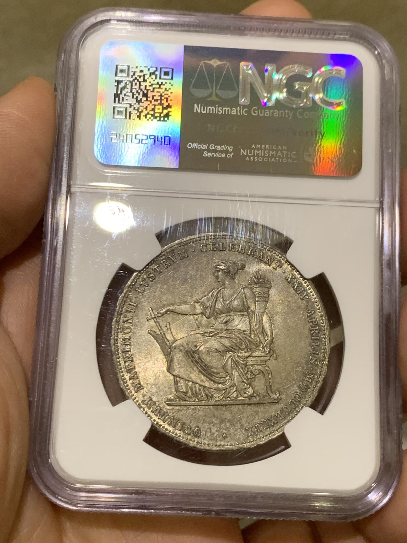 《竞宝斋》第481场 周日，周一 2场连拍 （全场包邮）20级店铺 欢迎送拍 亚军分 NGC MS65 奥匈帝国 1879年 弗朗茨一世和茜茜公主银婚纪念 2弗洛林泰勒型大银币 双面深彩包浆 高分确实不容易