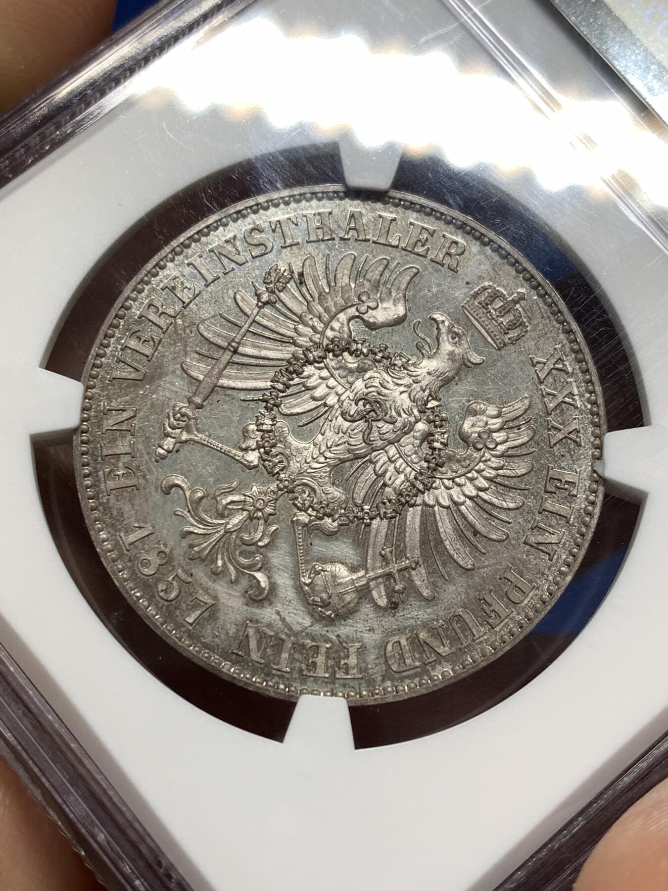 《竞宝斋》第481场 周日，周一 2场连拍 （全场包邮）20级店铺 欢迎送拍 唯一亚军分 NGC PF63CAMEO 德国1857A普鲁士威廉四世-洋葱头1泰勒离冠鹰银币 更高分仅1枚