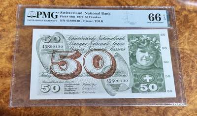 得物收藏 Chase Auction 第37期 - - 外钞、银元、民国钞和人民币混合场！ 持续更新！ 1973年瑞士50瑞郎，PMG66！